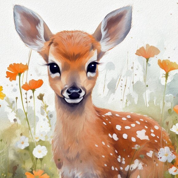 Cute Baby Fawn Deer with Flowers Watercolor Oil Painting Print - Picture 4 of 5